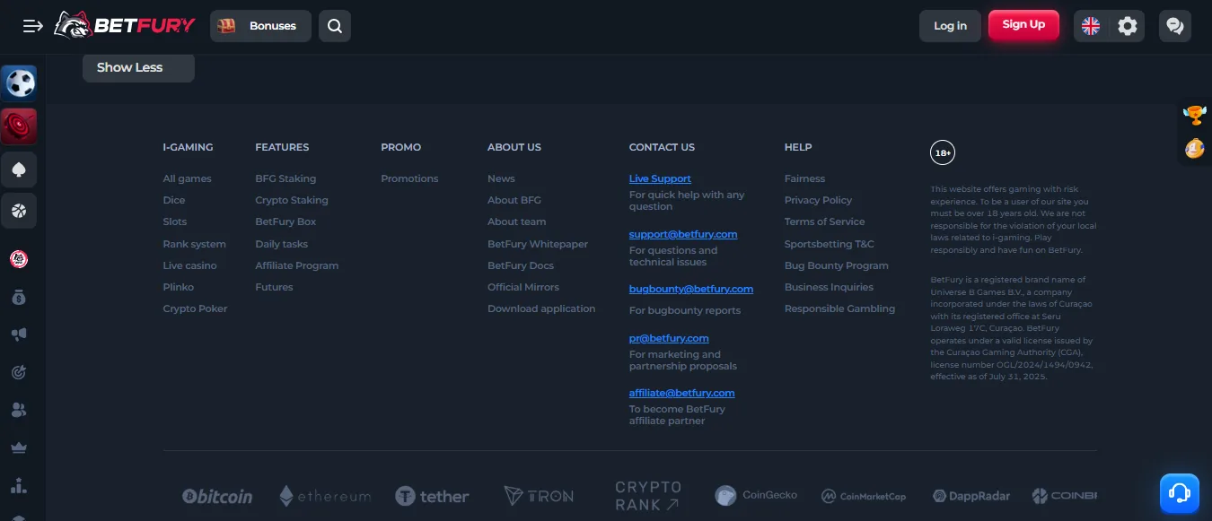 Screenshot of BetFury's footer licence and regulator details
