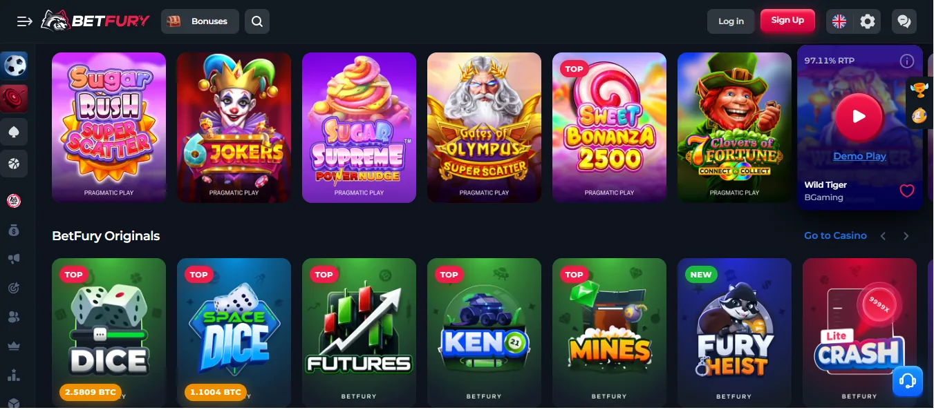 Screenshot of BetFury's games lobby