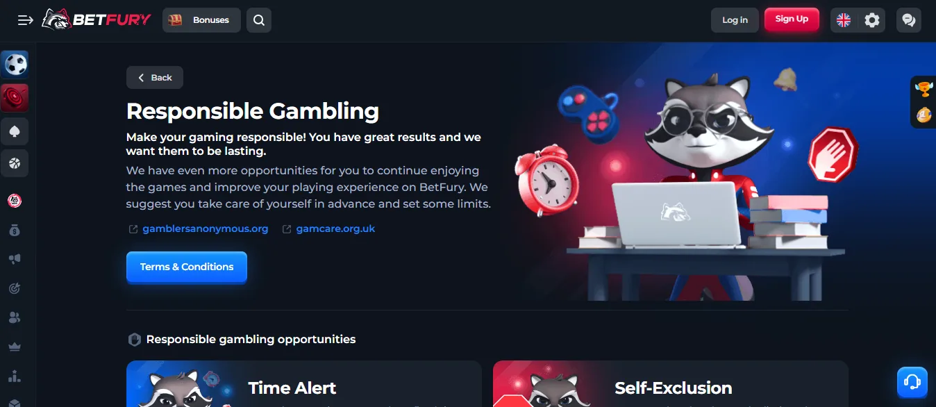 Screenshot of BetFury's responsible-gambling tools