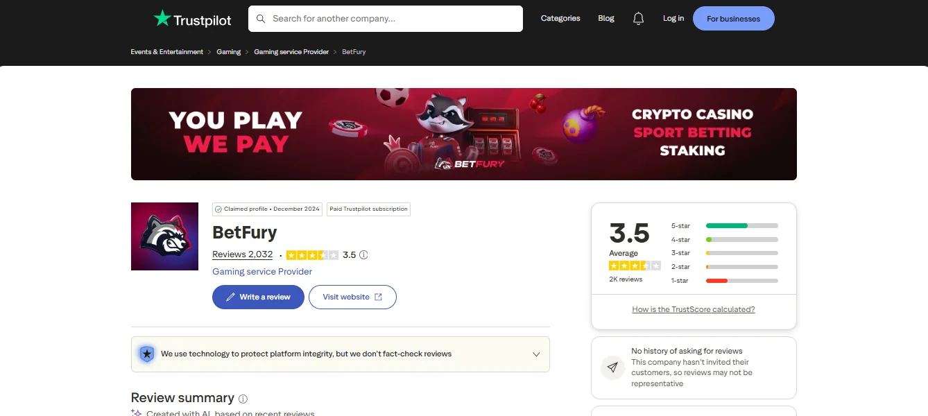 Screenshot of BetFury's Trustpilot rating overview