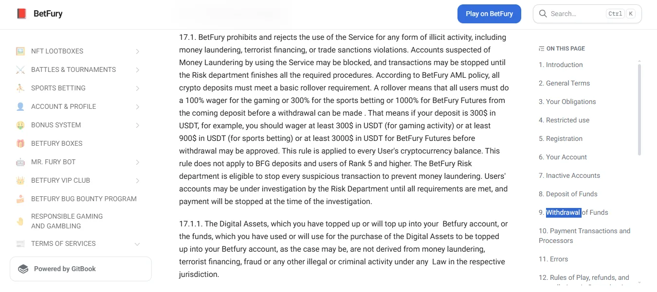 Screenshot of BetFury's withdrawal section and limits
