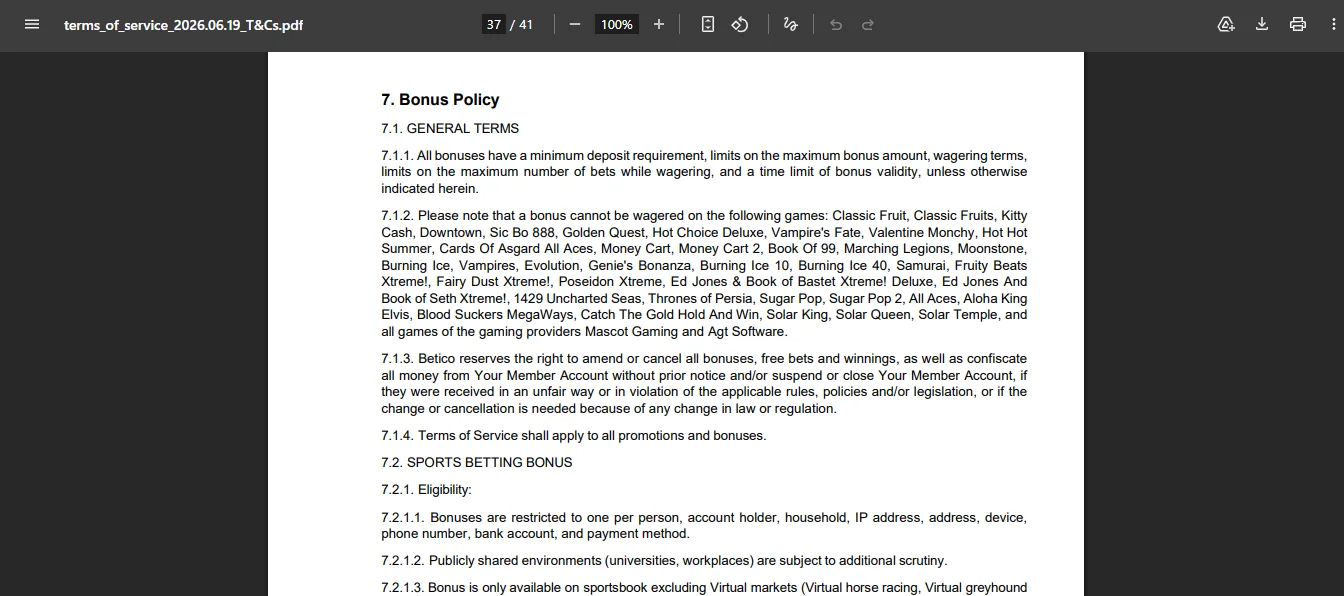 Screenshot of Betico's bonus terms and wagering requirements