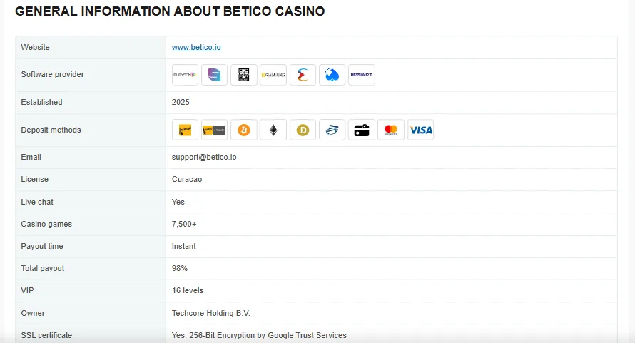 Screenshot of Betico's cashier and payment methods