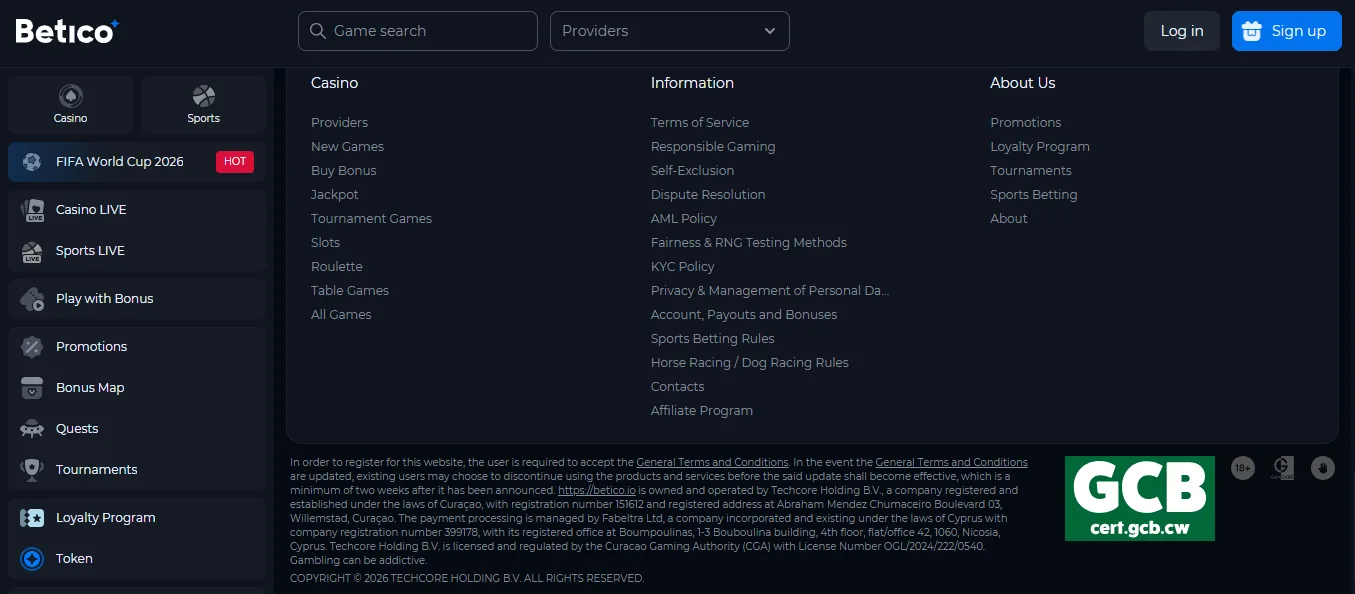 Screenshot of Betico's footer licence and regulator details