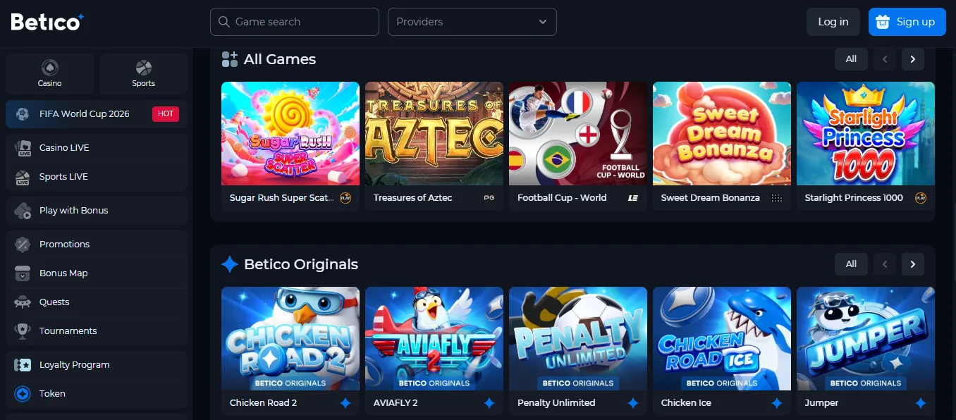 Screenshot of Betico's games lobby
