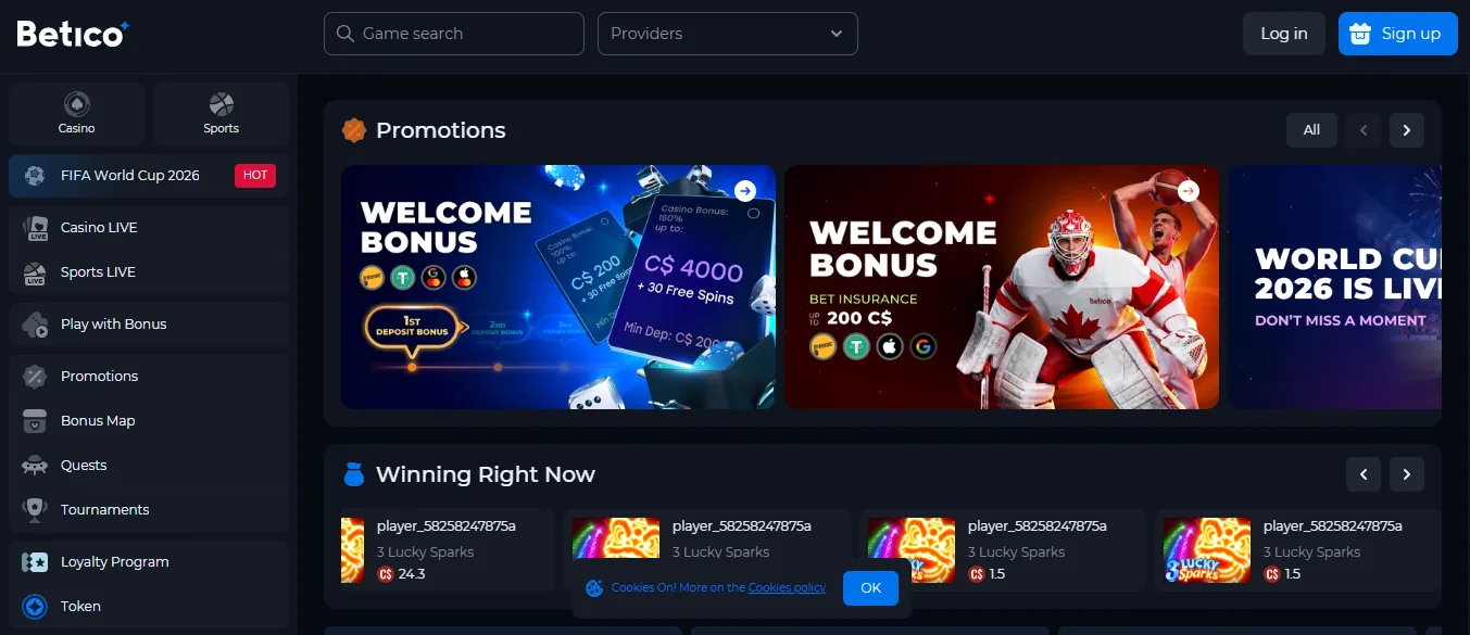 Screenshot of Betico's homepage