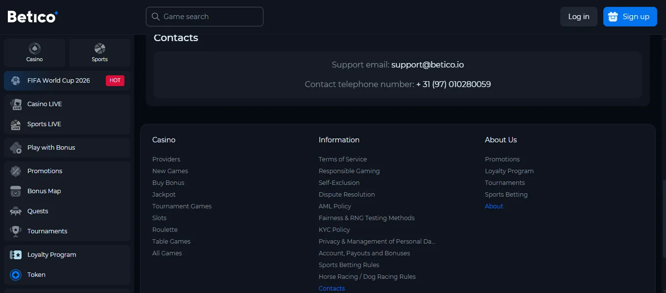 Screenshot of Betico's live chat support window