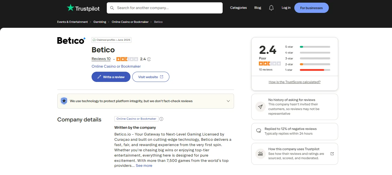 Screenshot of Betico's Trustpilot rating overview