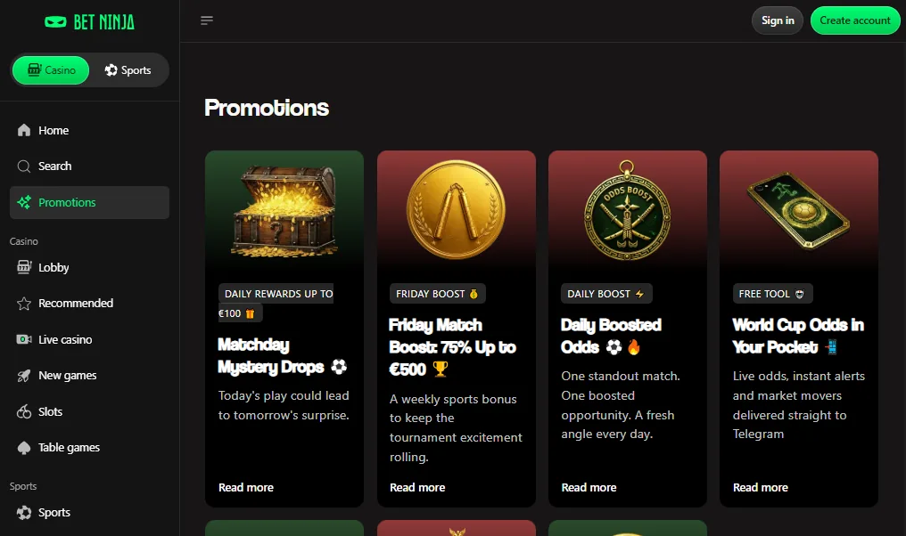 Screenshot of Betninja's welcome bonus offer