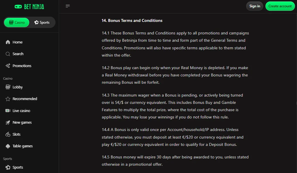 Screenshot of Betninja's bonus terms and wagering requirements