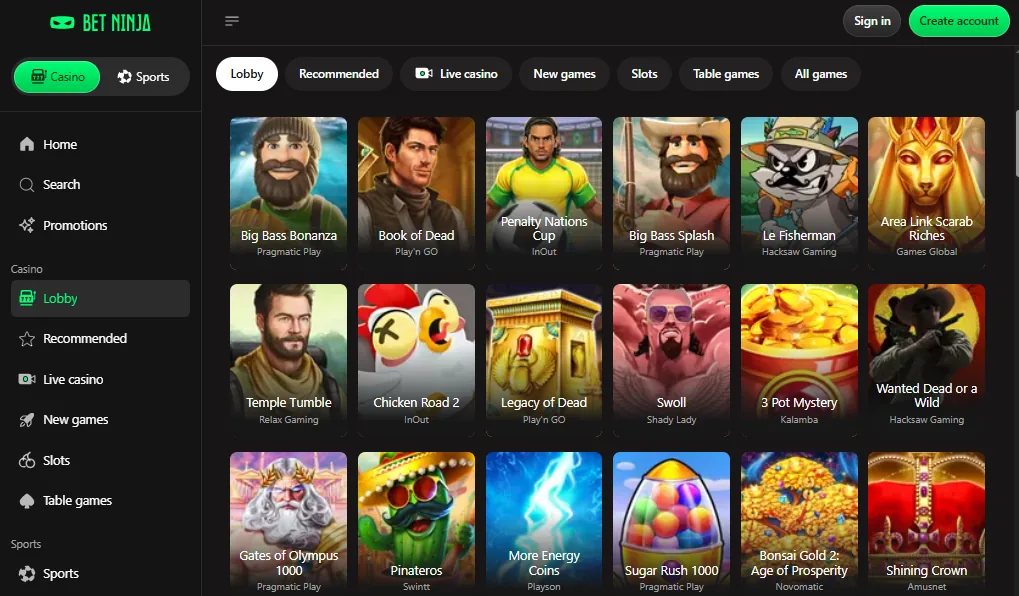Screenshot of Betninja's games lobby