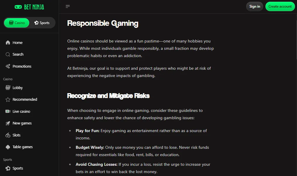 Screenshot of Betninja's responsible-gambling tools