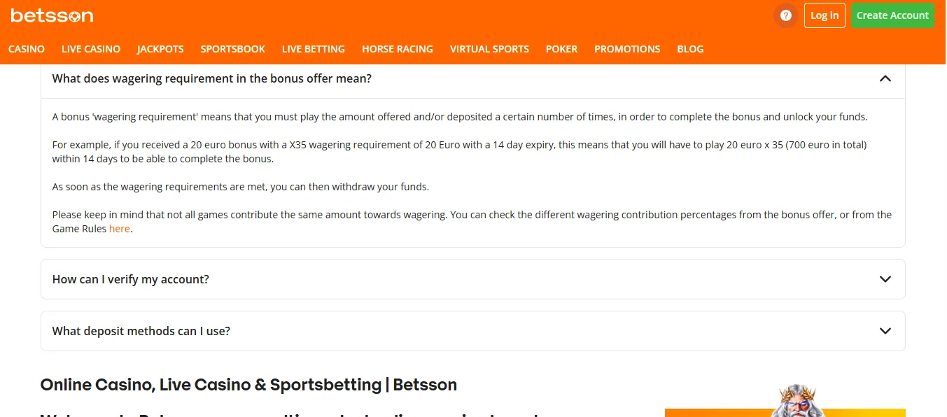 Screenshot of Betsson's bonus terms and wagering requirements