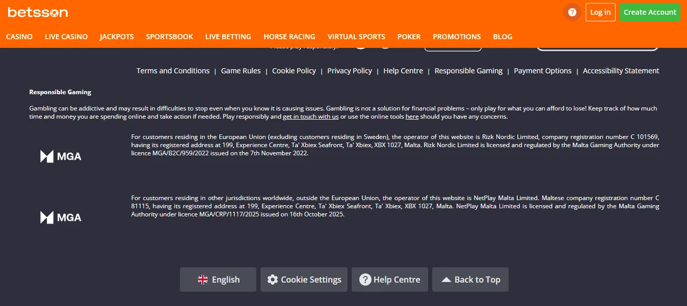 Screenshot of Betsson's footer licence and regulator details