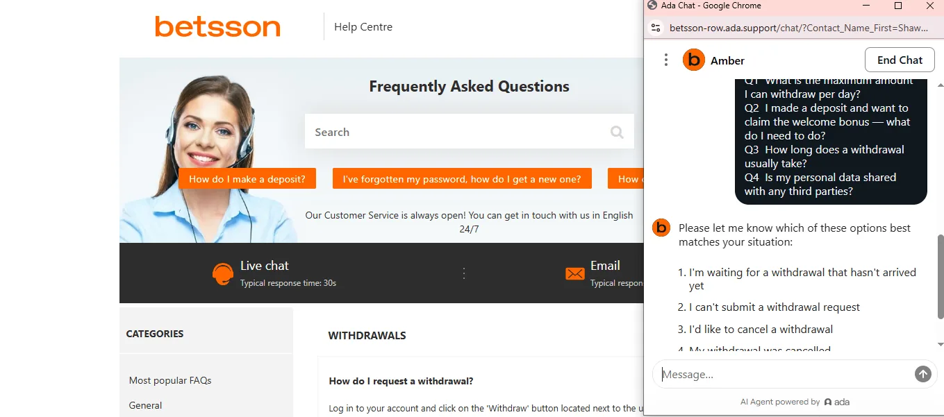 Screenshot of Betsson's live chat support window