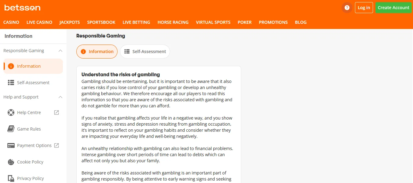 Screenshot of Betsson's responsible-gambling tools