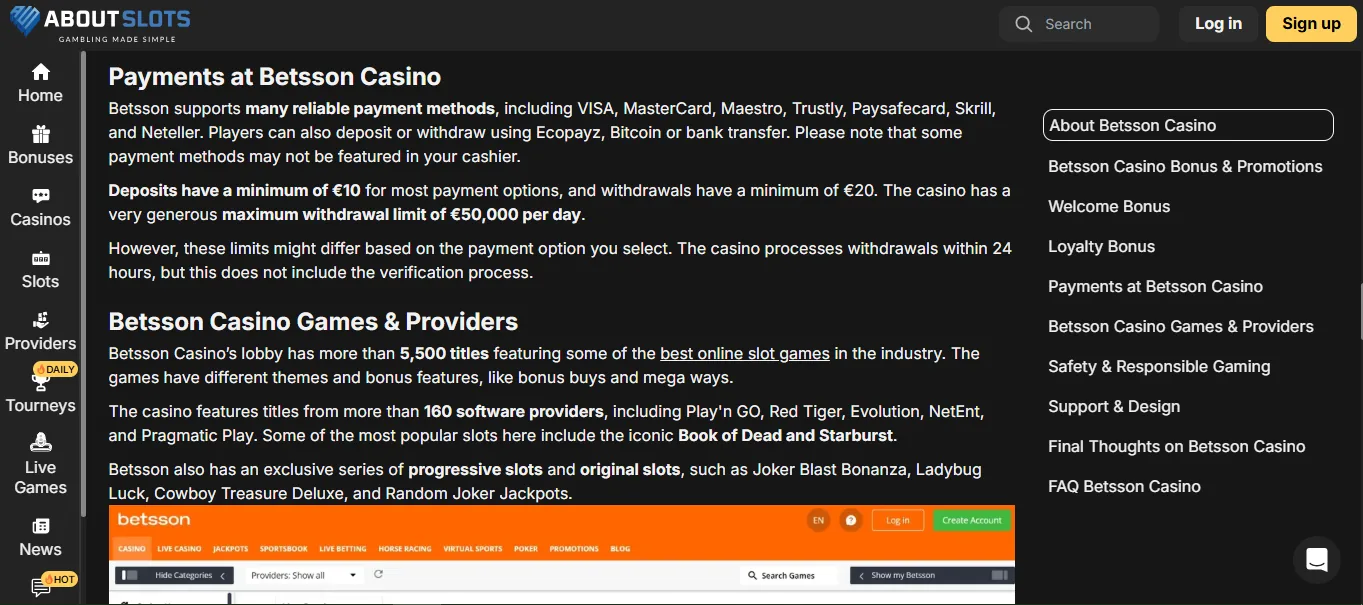Screenshot of Betsson's withdrawal section and limits