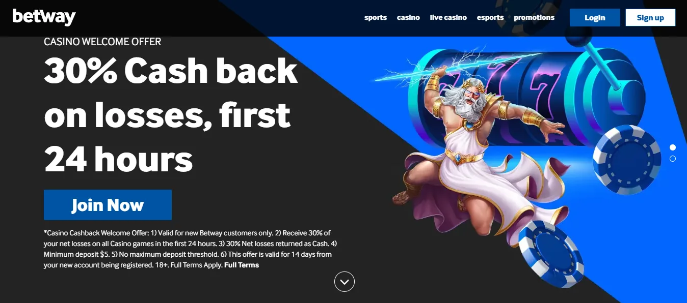 Screenshot of Betway's welcome bonus offer