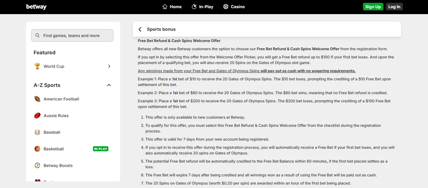 Screenshot of Betway's bonus terms and wagering requirements
