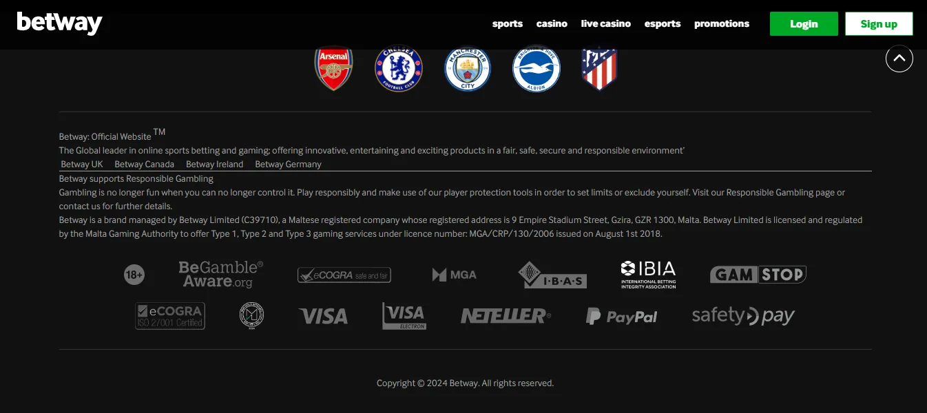 Screenshot of Betway's cashier and payment methods