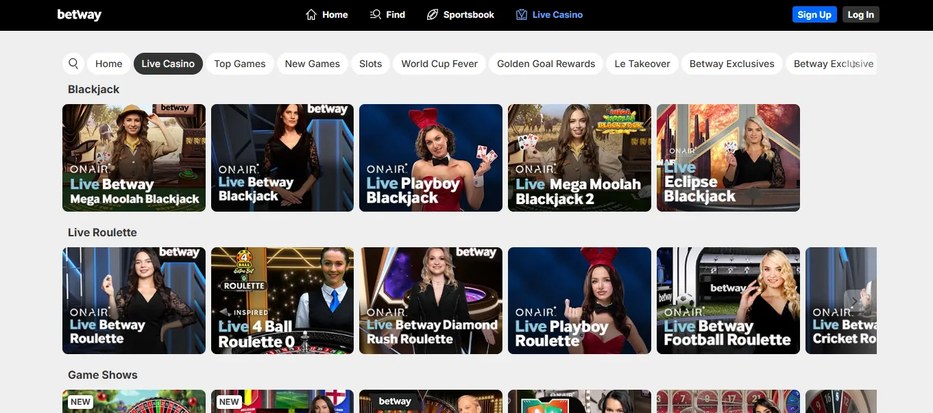 Screenshot of Betway's games lobby