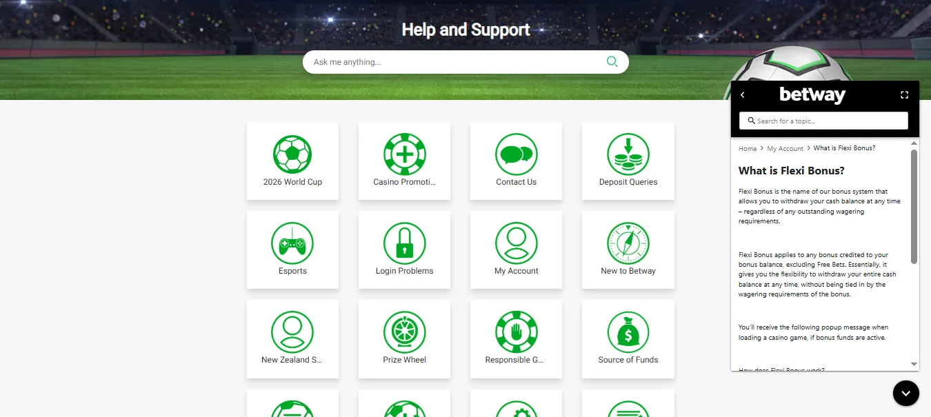 Screenshot of Betway's live chat support window