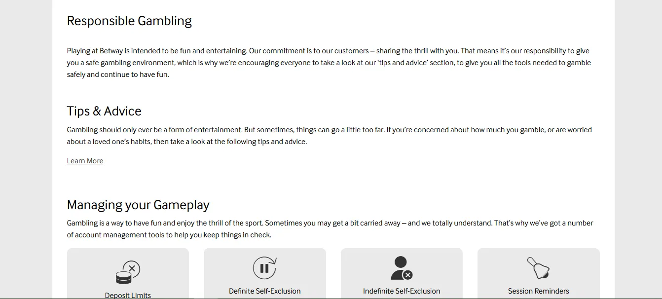 Screenshot of Betway's responsible-gambling tools