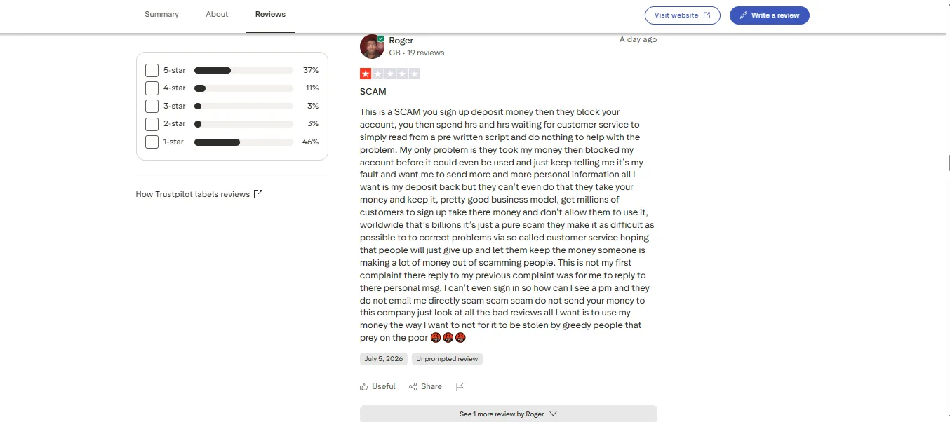 Screenshot of Betway's negative Trustpilot review