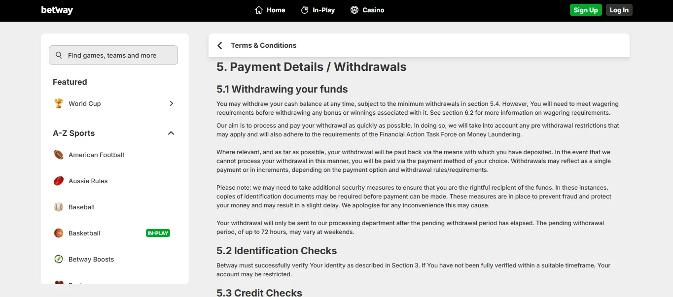 Screenshot of Betway's withdrawal section and limits