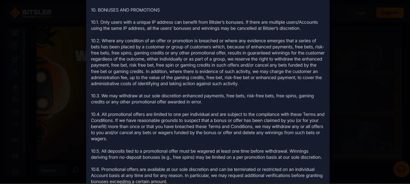 Screenshot of Bitsler's bonus terms and wagering requirements