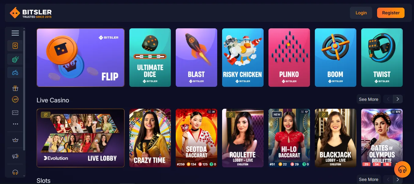 Screenshot of Bitsler's games lobby