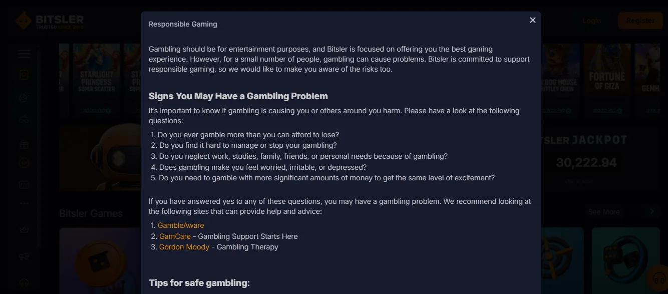 Screenshot of Bitsler's responsible-gambling tools