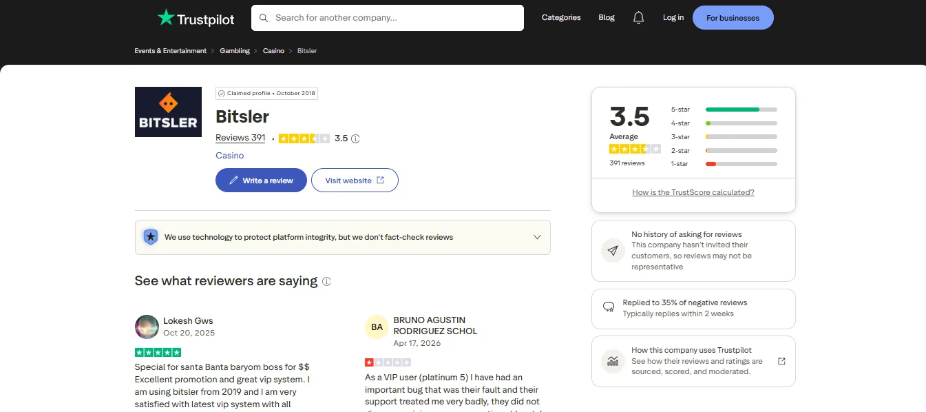 Screenshot of Bitsler's Trustpilot rating overview