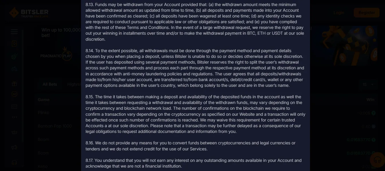 Screenshot of Bitsler's withdrawal section and limits