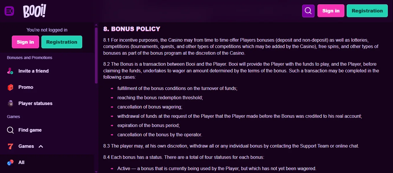 Screenshot of Booi's bonus terms and wagering requirements
