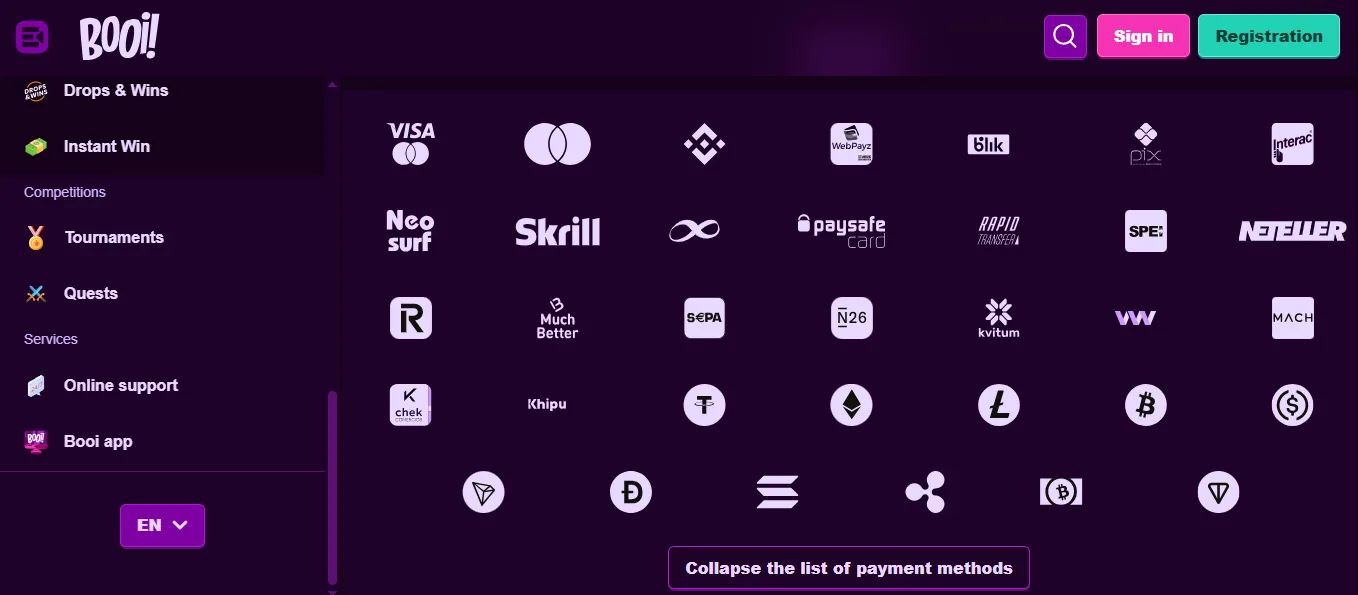 Screenshot of Booi's cashier and payment methods