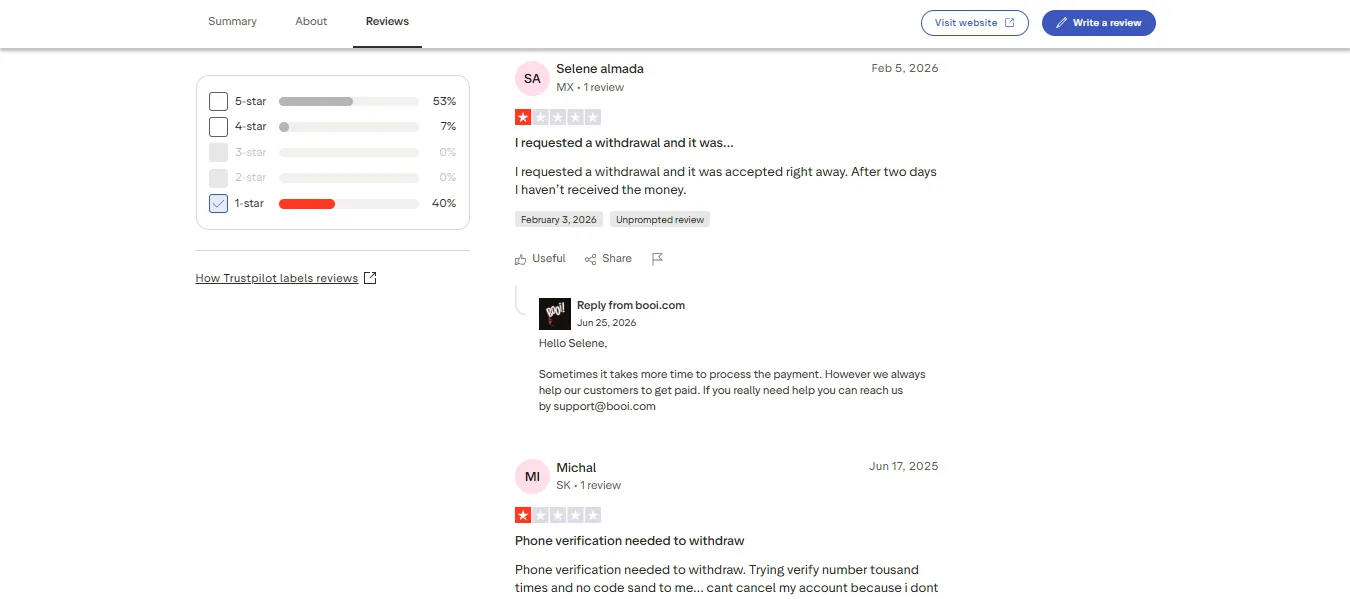 Screenshot of Booi's negative Trustpilot review