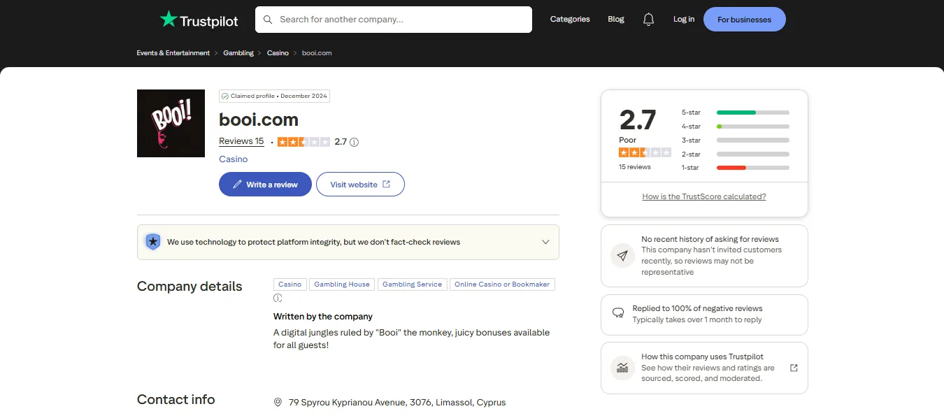 Screenshot of Booi's Trustpilot rating overview