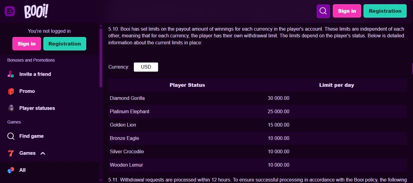 Screenshot of Booi's withdrawal section and limits