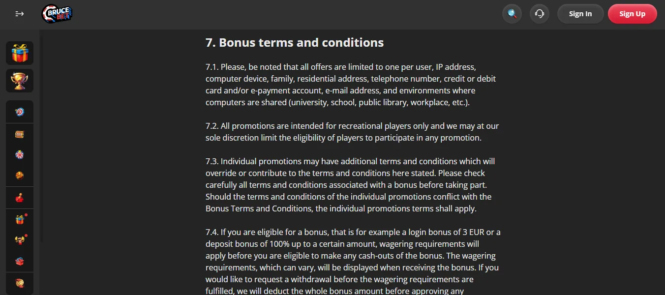 Screenshot of Bruce's bonus terms and wagering requirements
