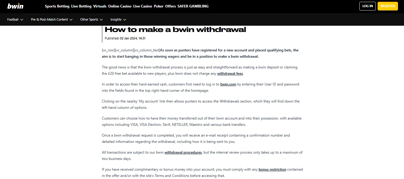Screenshot of Bwin's bonus terms and wagering requirements