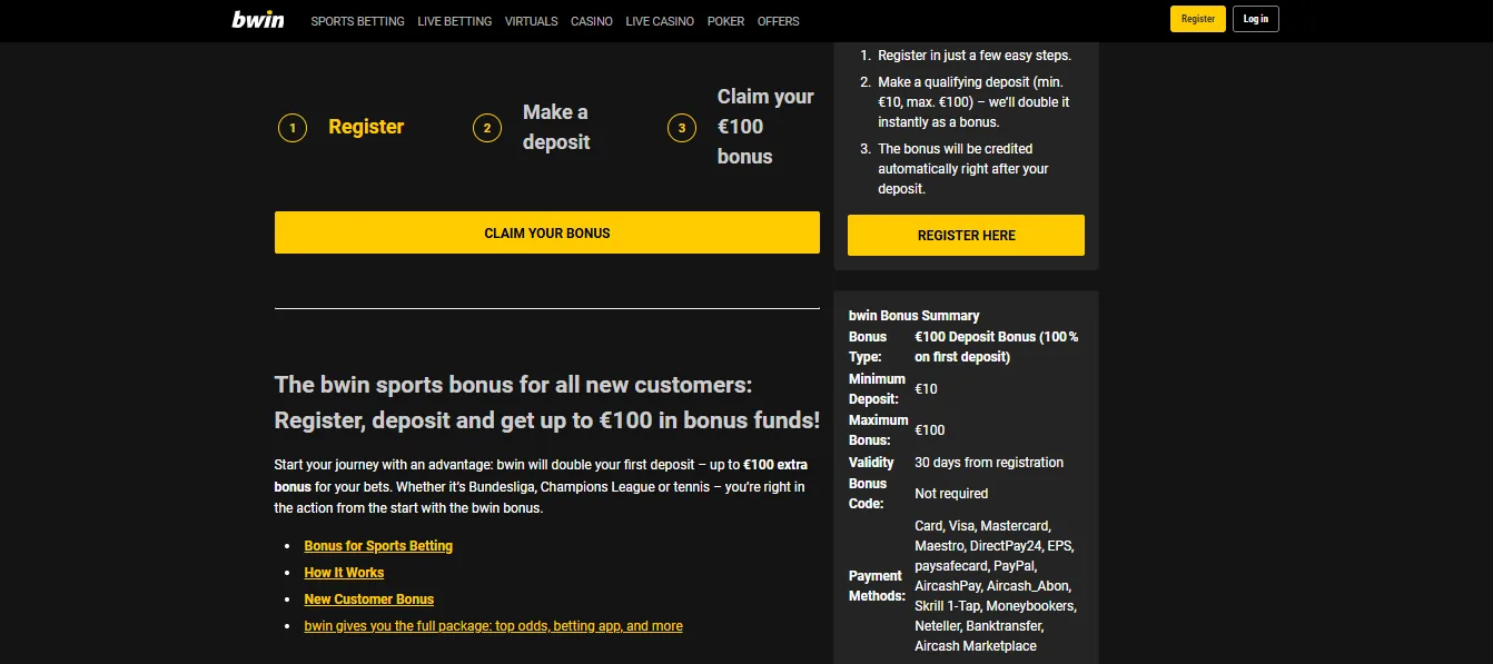 Screenshot of Bwin's cashier and payment methods