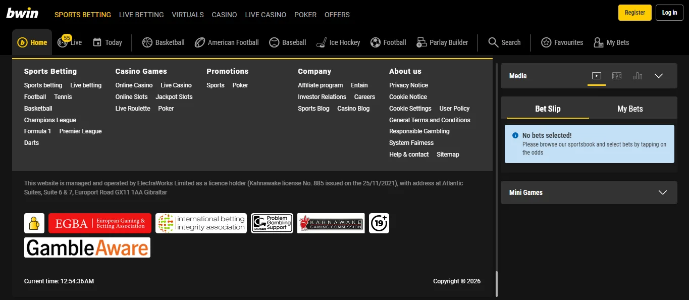 Screenshot of Bwin's footer licence and regulator details