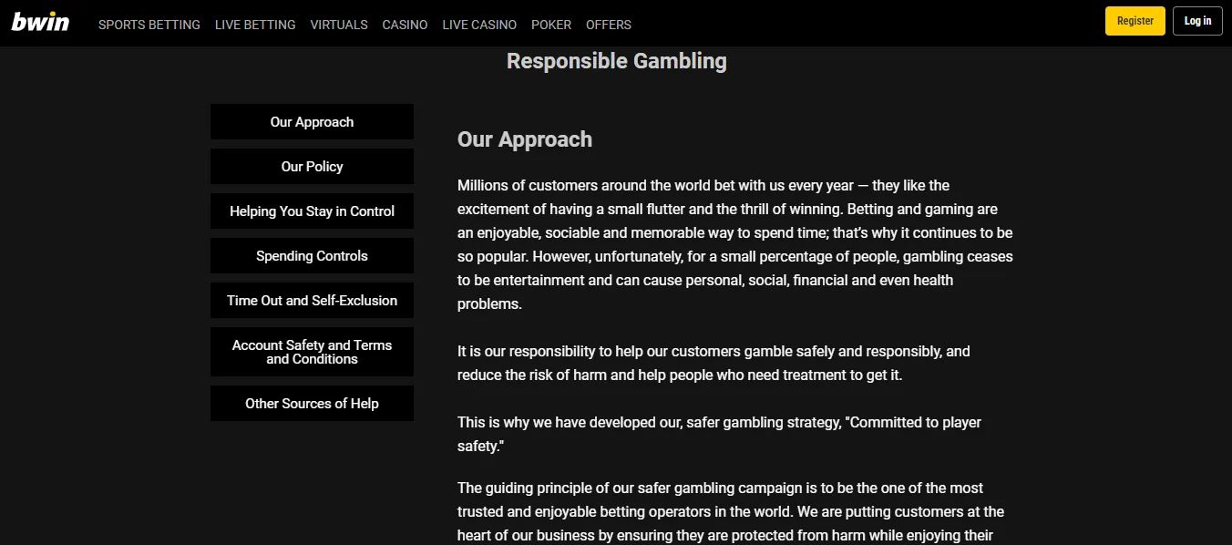 Screenshot of Bwin's responsible-gambling tools