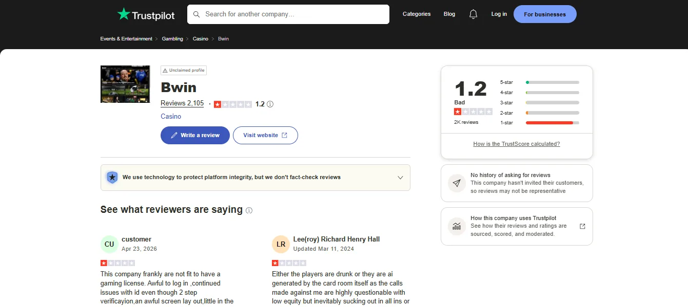 Screenshot of Bwin's Trustpilot rating overview