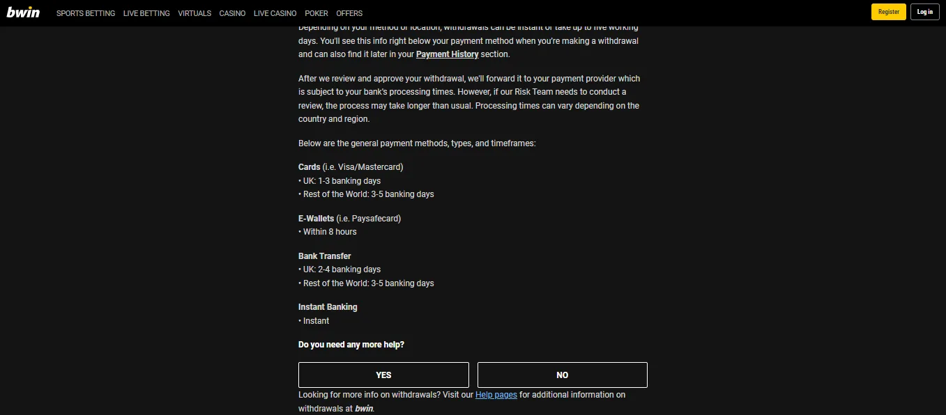 Screenshot of Bwin's withdrawal section and limits