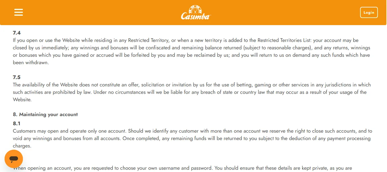 Screenshot of Casimba's bonus terms and wagering requirements