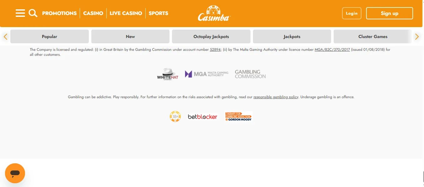Screenshot of Casimba's footer licence and regulator details