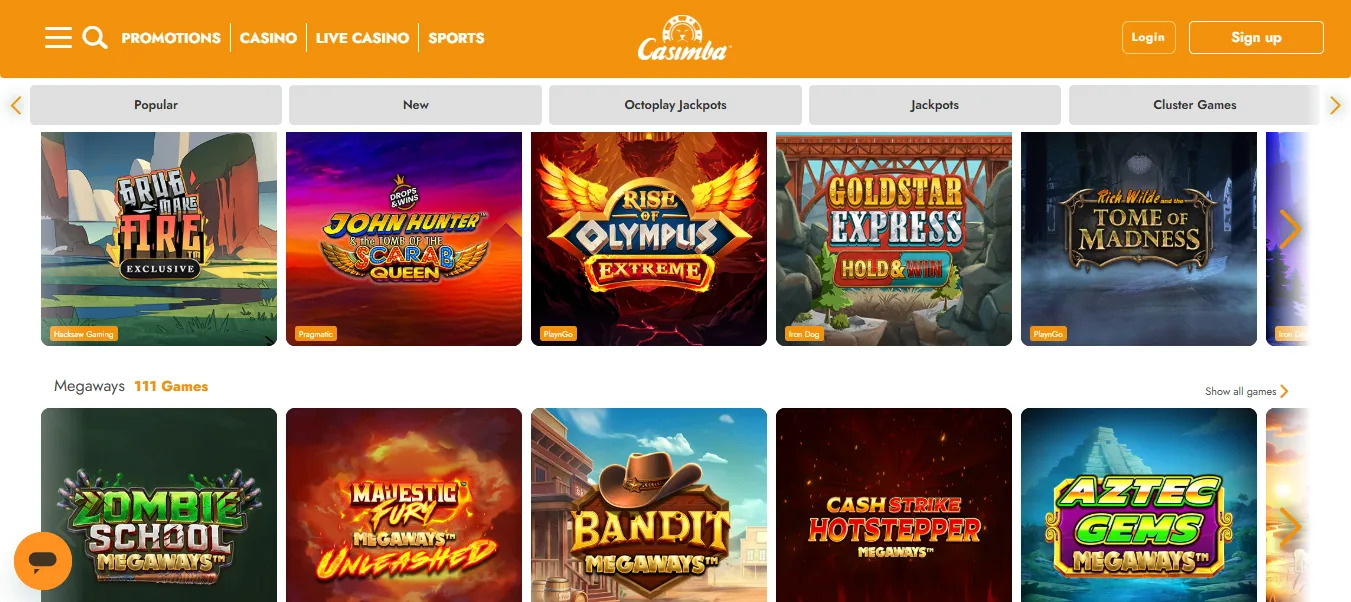 Screenshot of Casimba's games lobby