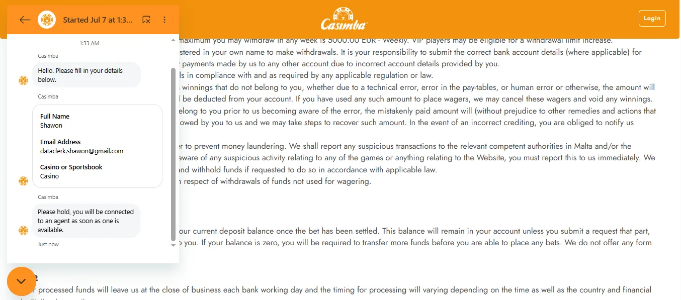 Screenshot of Casimba's live chat support window